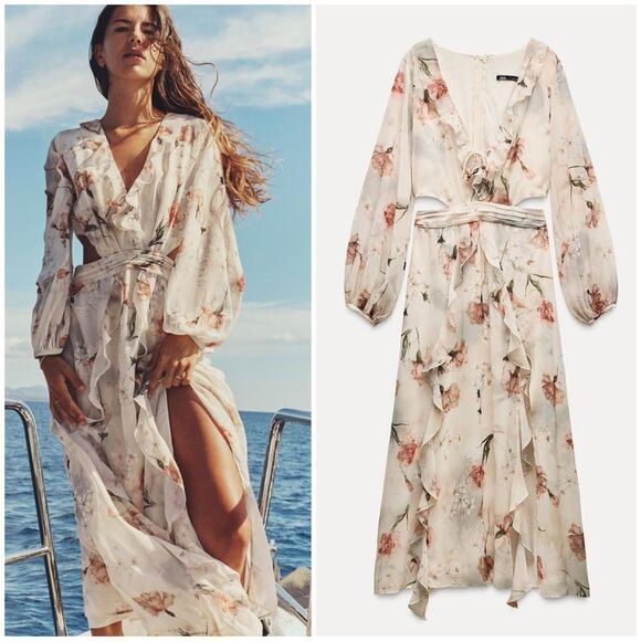 NWT Zara Ruffled Floral Cut Out Dress Size L - Picture 1 of 11